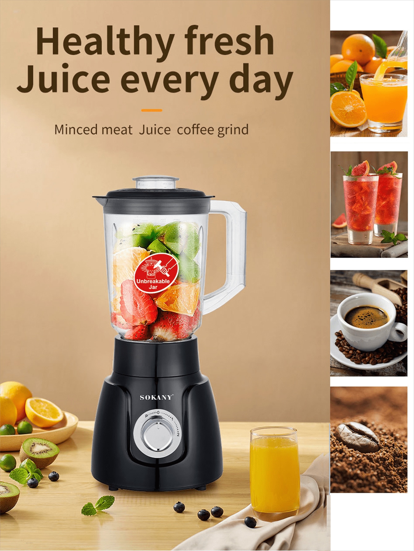 SOKANY 2-in-1 Multifunktions-Mixer SK-185 Küchenmaschine, ausgestattet mit 500W Hochleistung, 1500ML großer Kapazität, Kaffee-/Gewürzmühle, Edelstahlklinge, Multifunktion zum Hacken von Fleisch und Gemüsesaft, Mahlen von Bohnen, praktisch für den Familienhaushalt, Verarbeitung verschiedener Zutaten, perfektes Geschenk zu Valentinstag, Erntedankfest, Weihnachten und anderen Festen