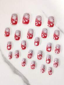 24 件中长款矩形圣诞红白闪光雪花设计假指甲，渐变色，甜美风格，压力贴合，适合日常、约会、节日穿着 - 彩色 - 查看 2