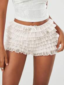 Womens Layered Ruffle Shorts Casual Elastic Waist Bow Front Solid Color Lace Shorts Going Out Pants - 白色 - 查看 4