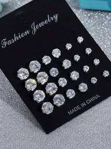 kuuioe 12 Pairs Of Simple Exquisite Fashion Zirconia Inlaid Earrings In Different Sizes, Men's Creative Gift Earrings Set For Wedding Party - Earrings - View 5