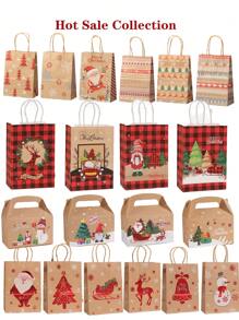 12 个随机款式圣诞礼品纸袋散装带手柄包装圣诞圣诞礼品袋圣诞礼品篮圣诞礼品袋 - 圣诞礼物袋节日礼物 - 牛皮紙系列 - 查看 1