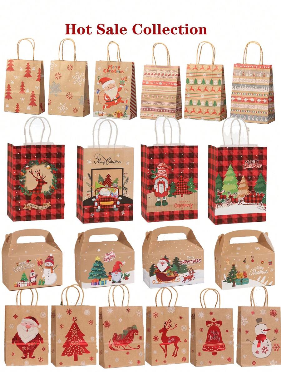 12 个随机款式圣诞礼品纸袋散装带手柄包装圣诞圣诞礼品袋圣诞礼品篮圣诞礼品袋 - 圣诞礼物袋节日礼物 - 牛皮紙系列 - 查看 1