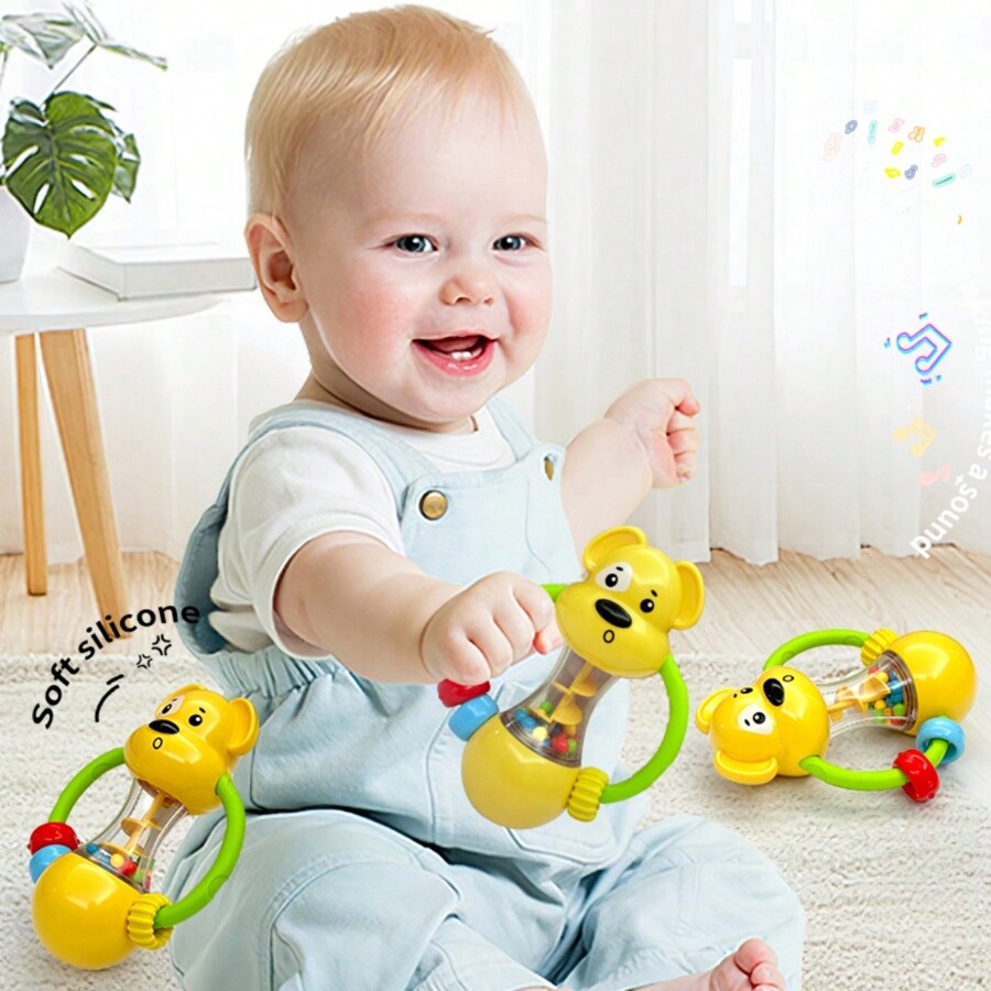 Safe & Fun Cartoon Rattle Drum Toy, Vibrating Hand Shake Bell Toy For 0