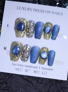 3D 巴洛克复古蓝色玻璃猫眼美甲设计手工指甲 100% 手工制作按压指甲可重复使用 10 件短芭蕾指甲尖带闪光金色金属装饰适合女士日常和派对使用 - 咖啡棕 - 查看 13