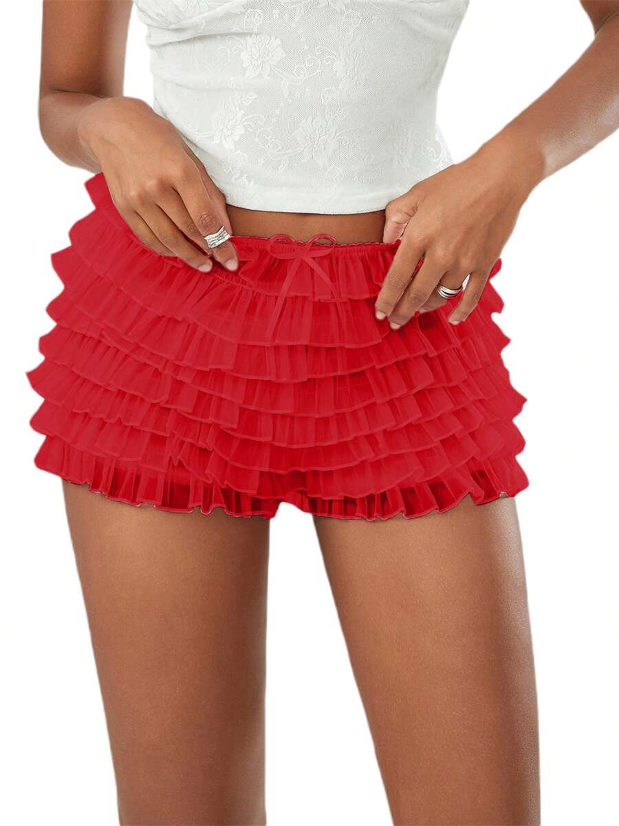 Women's Summer Ruffled Frilly Shorts, Multi-Layer Mesh Short Pants Sweet Cute Bloomers - Red - View 1