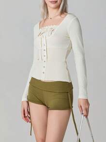 Women Solid Color Classic Tops, Long Sleeve Square Lace Neck Buttoned Ribbed Tops for Spring, Women Clothing - Blanco - Ver 7