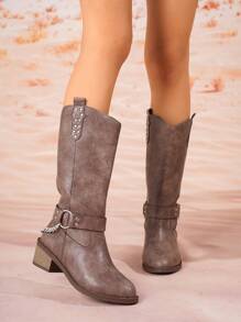 全新女式铆钉装饰舒适方头粗跟牛仔户外一脚蹬牛仔靴，春秋冬 - 咖啡棕 - 查看 5