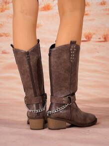 全新女式铆钉装饰舒适方头粗跟牛仔户外一脚蹬牛仔靴，春秋冬 - 咖啡棕 - 查看 3