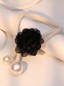 Bộ 3 chiếc/Bộ mặt dây chuyền ngọc trai giả họa tiết hoa lớn cổ điển phóng đại & Bộ khuyên tai, Bông tai xích áo len thời trang thanh lịch để đeo hàng ngày - Đen và trắng - Xem 6