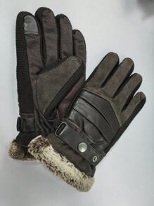 男士保暖内衬骑行手套，冬季保暖，厚 PU 皮革和毛皮，适合摩托车和山地运动，冬季暖手器