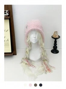 1 件装长发护耳帽，时尚彩色编织无檐便帽，女士保暖针织帽，秋冬季，新款撞色毛绒针织帽带护耳 - 彩色 - 查看 7