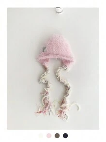 1 件装长发护耳帽，时尚彩色编织无檐便帽，女士保暖针织帽，秋冬季，新款撞色毛绒针织帽带护耳 - 彩色 - 查看 2