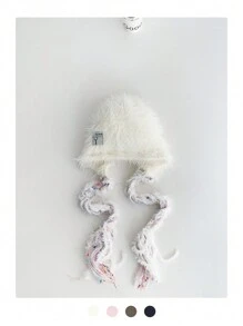 1 件装长发护耳帽，时尚彩色编织无檐便帽，女士保暖针织帽，秋冬季，新款撞色毛绒针织帽带护耳 - 彩色 - 查看 3