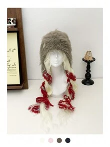 1 件装长发护耳帽，时尚彩色编织无檐便帽，女士保暖针织帽，秋冬季，新款撞色毛绒针织帽带护耳 - 彩色 - 查看 8