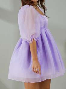 Women Summer Puffy Dress, Solid Color Square Neck Bubble Sleeve One-Piece Short Dress For Ladies, Pink/Purple/Yellow - Purple - View 9