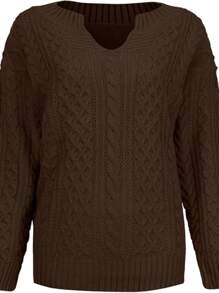 Plus Size Sweaters For Women V Neck Long Sleeve Cable Knit Sweaters Casual Fall Sweaters Soft Jumper Tops - 卡其色 - 查看 3