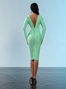 Gaun Midi Seksi Lengan Panjang dengan Resleting Belakang untuk Wanita, Cocok untuk Liburan dan Pesta - Mint Green - View 9