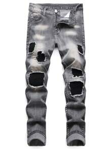 Grey Jeans For Men Stacked Stretch Ripped Denim Slim Fit Strechy Holey Jean Distressed Destroyed - Grey - View 1