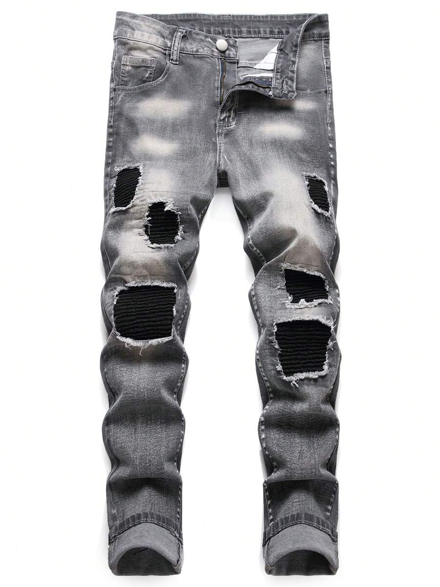 Grey Jeans For Men Stacked Stretch Ripped Denim Slim Fit Strechy Holey Jean Distressed Destroyed - Grey - View 1