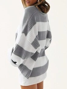 Women Casual Contrast Striped Pattern Drop Shoulder Loose Sweater - Grey - View 6