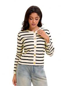 Women's Striped Cardigan Sweater Long Sleeve Button Down Crew Neck Cardigans - 杏黑 - 查看 5