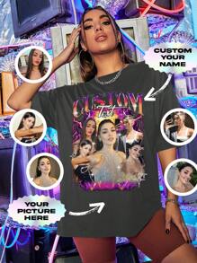 定制女友 T 恤，印有女友的脸，个性化复古短袖上衣，圣诞节，感恩节礼物装饰，时尚，时尚，时髦，简约，轻松服装，简约别致，休闲独特，定制珍品，美女服装适合家人，朋友，儿童，粉红色女孩，母亲节，儿童节，度假