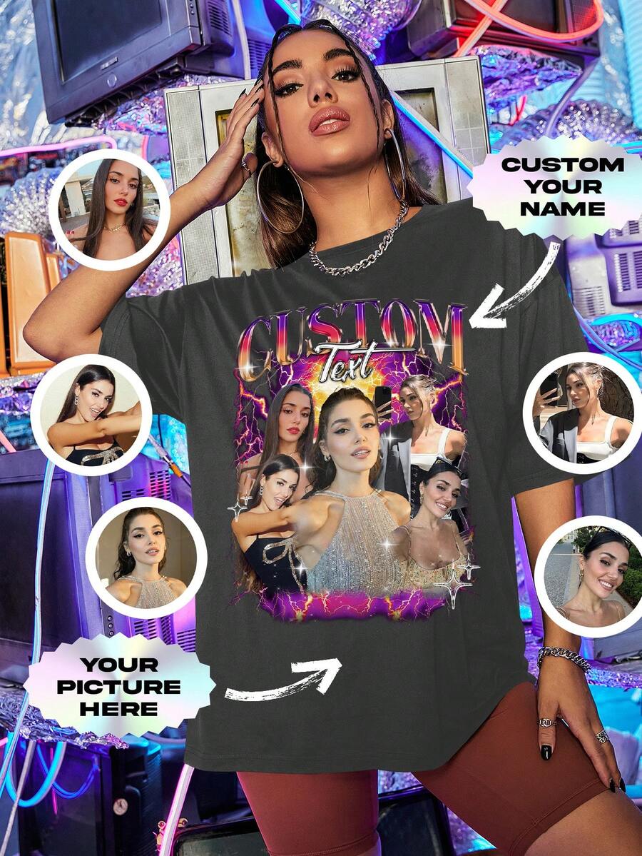 定制女友 T 恤，印有女友的脸，个性化复古短袖上衣，圣诞节，感恩节礼物装饰，时尚，时尚，时髦，简约，轻松服装，简约别致，休闲独特，定制珍品，美女服装适合家人，朋友，儿童，粉红色女孩，母亲节，儿童节，度假