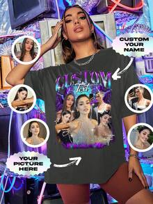 定制女友 T 恤，印有女友的脸，个性化复古短袖上衣，圣诞节，感恩节礼物装饰，时尚，时尚，时髦，简约，轻松服装，简约别致，休闲独特，定制珍品，美女服装适合家人，朋友，儿童，粉红色女孩，母亲节，儿童节，度假