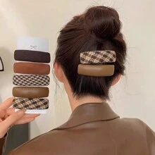 2 件装女士多色面料和仿皮 BB 发夹，秋冬新款复古格子咖啡色时尚发饰，别致街头时尚日常使用 - 彩色 - 查看 3