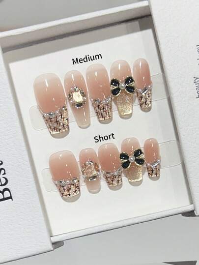 10 件中长梯形指甲贴，适合 的柔和裸色，带有镀金猫眼和水晶贴花，手工美甲贴适合日常佩戴，按压式指甲，美甲用品，美甲