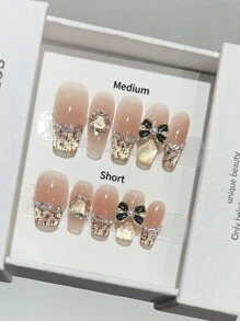 10pcs Medium-Long Trapezoidal Nail Tips, Instagrammable Soft Nude Color With Gilded Feline Eye And Crystal Decal, Handmade Nail Art Strips Suitable For Daily Wear