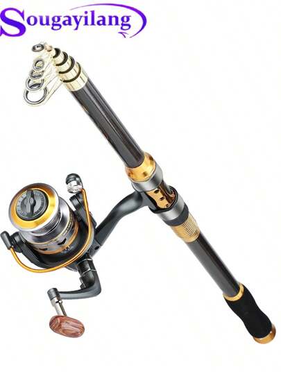 SOUGAYILANG 5.2:1 Gear Ratio Spinning Reel - 24-Ton Carbon Matrix Telescopic Fishing Rod Pole With Medium Action - Ambidextrous