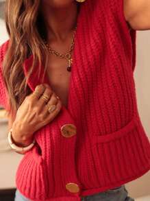 Astylish Women's Fiery Red Solid Textured Knit Side Pockets Buttoned Knitted Sweater Vest New Years Tops Festival Outfits - Red - View 3