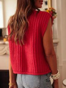 Astylish Women's Fiery Red Solid Textured Knit Side Pockets Buttoned Knitted Sweater Vest New Years Tops Festival Outfits - Red - View 2