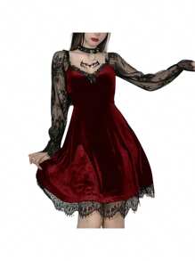 Women Gothic Dress Vintage Lace Grunge Punk Goth Dresses Casual Cosplay Party Cocktail Halloween - 紅色 - 查看 2