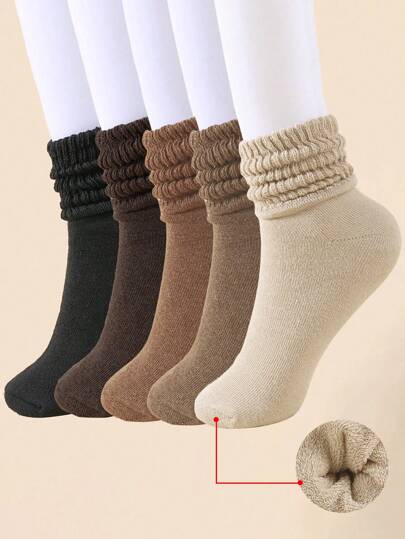 5/10 Pairs Women Fall Autumn Winter Socks, Warm Breathable Sweat-Absorbent Thick Soft Crew Fuzzy Socks, (Black, Light Brown, And Coffee Reddish-Brown) Perfect Gifts For Hiking, Back To School, Halloween & Christmas Xmas Gift