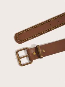 1pc Vintage Western-Style Hand-Studded Buckle PU Leather Belt, Versatile For Jeans, Dresses And Streetwear Look Summer, School Fall, Autumn, Halloween - Camel - View 4