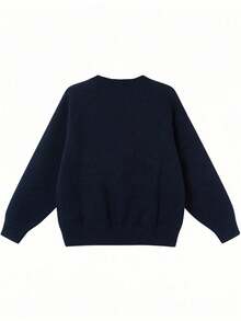 女士圆领长袖熊图案简约休闲上衣，适合日常穿着 - 藏蓝色 - 查看 2