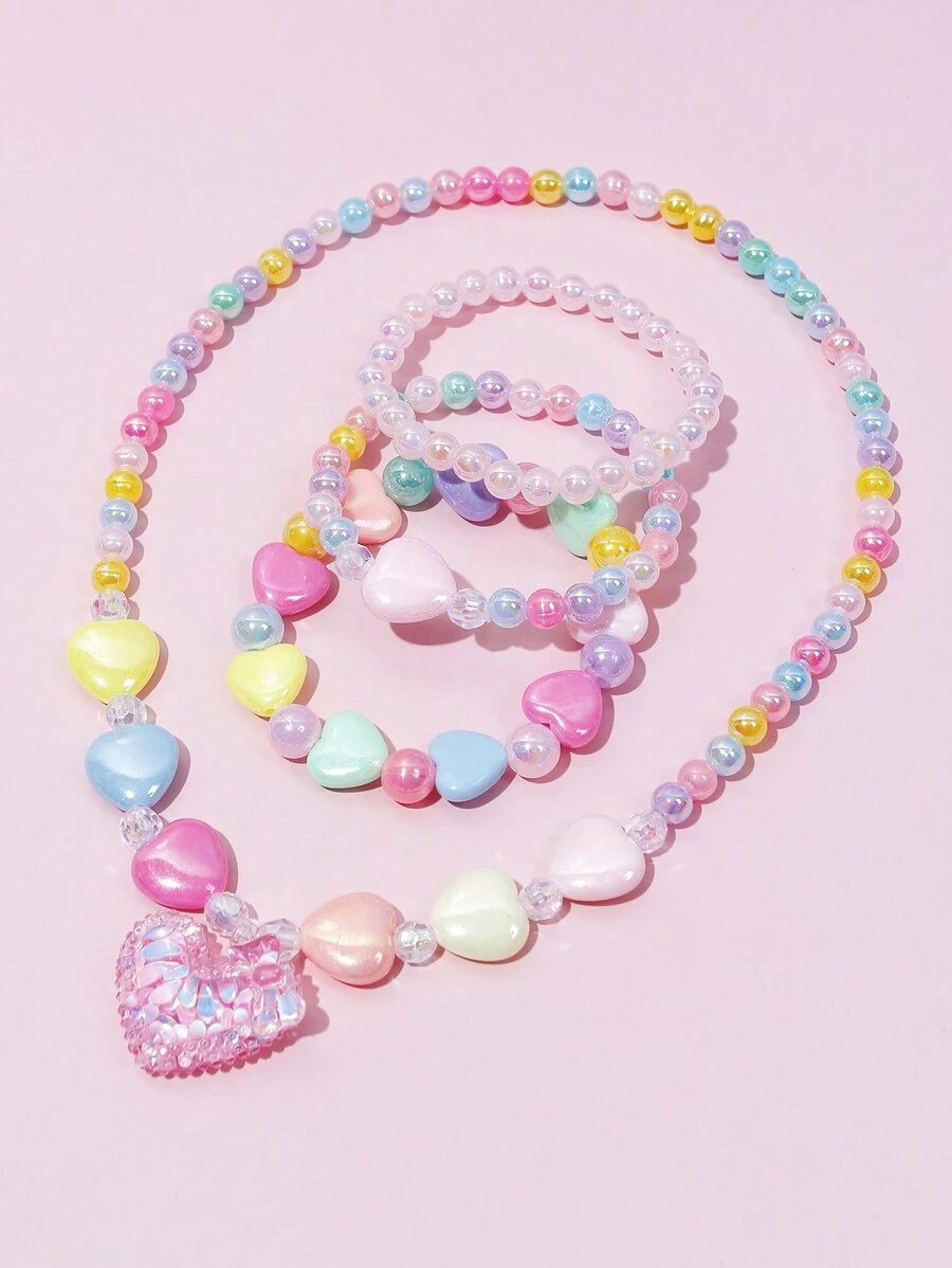 Bộ 4 chiếc/Bộ mặt dây chuyền hình trái tim cho bé gái, Bộ trang sức vòng tay hạt cườm, Thích hợp cho tiệc ngày lễ, Quà tặng sinh nhật, Trang phục hàng ngày, Màu ngẫu nhiên - Nhiều màu - Xem 1