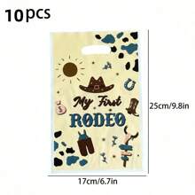 Set de 10 piezas/30 piezas/50 piezas/100 piezas Bolsas de regalo con temática del Oeste "Mi Primer RODEO", bolsas de plástico a prueba de agua para fiesta, cumpleaños, compras, almacenamiento, bolsas de mano para familia y amigos, vuelta al cole, Día de San Valentín - Amarillo - Ver 10