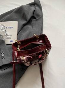 绗缝 PU 菱形图案迷你手提包，休闲百搭女士单肩包/斜挎包，优雅妈咪包 - 酒紅色 - 查看 7