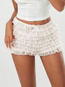 Womens Layered Ruffle Shorts Casual Elastic Waist Bow Front Solid Color Lace Shorts Going Out Pants - 白色 - 查看 2