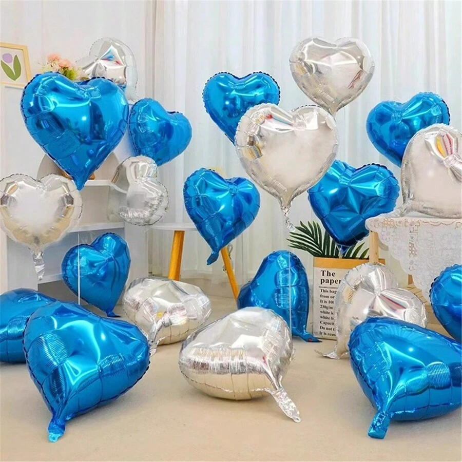 5/10/18 英寸银色和蓝色心形铝箔气球，婚礼装饰浪漫漂浮气球自封，完整婚礼用品最佳礼物 - K1-S2+S4 - 查看 1