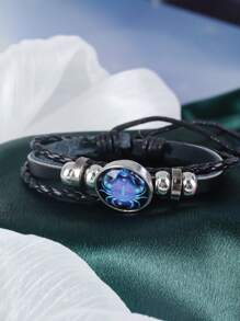 1 件时尚情侣手链，12 星座多层编织夜光朋克皮革星空手链 - 黑色 - 查看 4