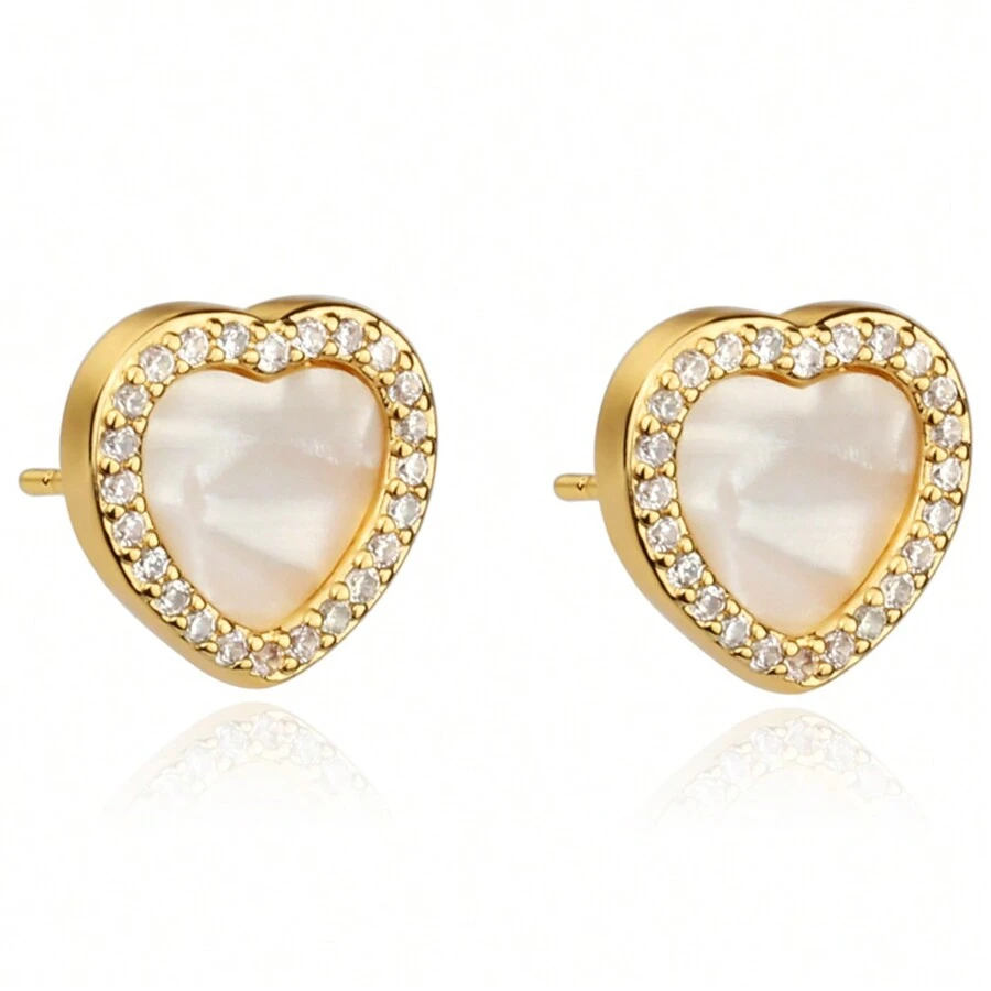 MOTHER OF PEARL HEART EARRINGS 18K GOLD PLATED WITH ZIRCONIA - 金色 - 查看 1