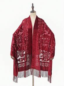 Ankla 红色天鹅绒花卉烧花图案围巾，手工流苏时尚派对/礼服围巾，透明花朵天鹅绒围巾 - 紅色 - 查看 2