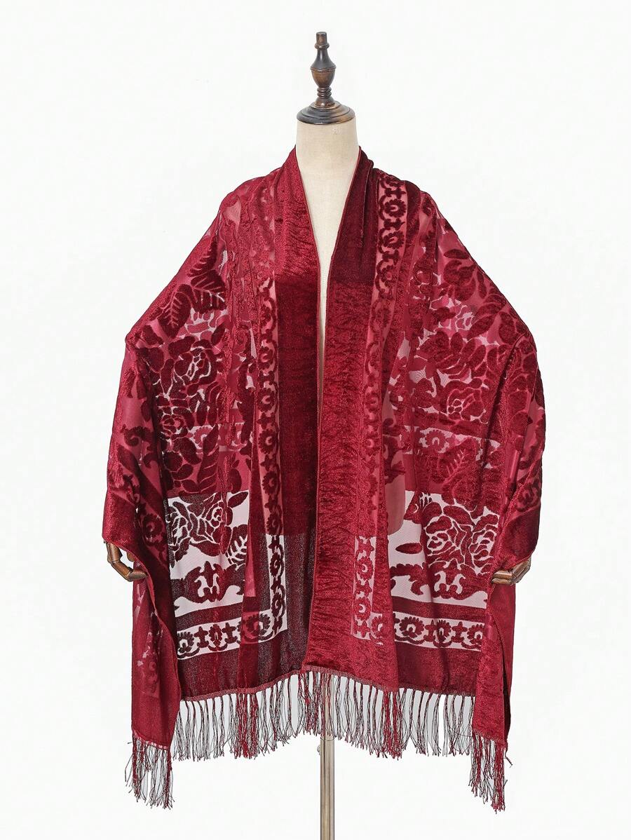 Ankla 红色天鹅绒花卉烧花图案围巾，手工流苏时尚派对/礼服围巾，透明花朵天鹅绒围巾