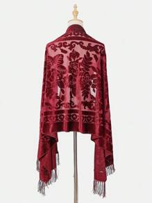 Ankla 红色天鹅绒花卉烧花图案围巾，手工流苏时尚派对/礼服围巾，透明花朵天鹅绒围巾 - 紅色 - 查看 3