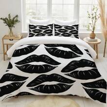 Bộ 3 vỏ chăn in họa tiết đôi môi đen theo phong cách Bắc Âu (1 vỏ chăn + 2 vỏ gối, không có lõi), chủ đề không gian lãng mạn, - Độ mềm mại sang trọng, thoải mái thoáng khí, hoàn hảo cho phòng ngủ và phòng khách, thoải mái, không gây dị ứng và dễ chăm sóc, phù hợp với mọi mùa - Đen và trắng - Xem 2