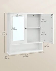 VASAGLE Gabinete de baño con espejo, gabinete de pared con 2 puertas con espejo, estante ajustable, compartimento abierto, montado en la pared, 15 x 65 x 75 cm, decoración de baño de verano, organizador de baño, accesorios de baño